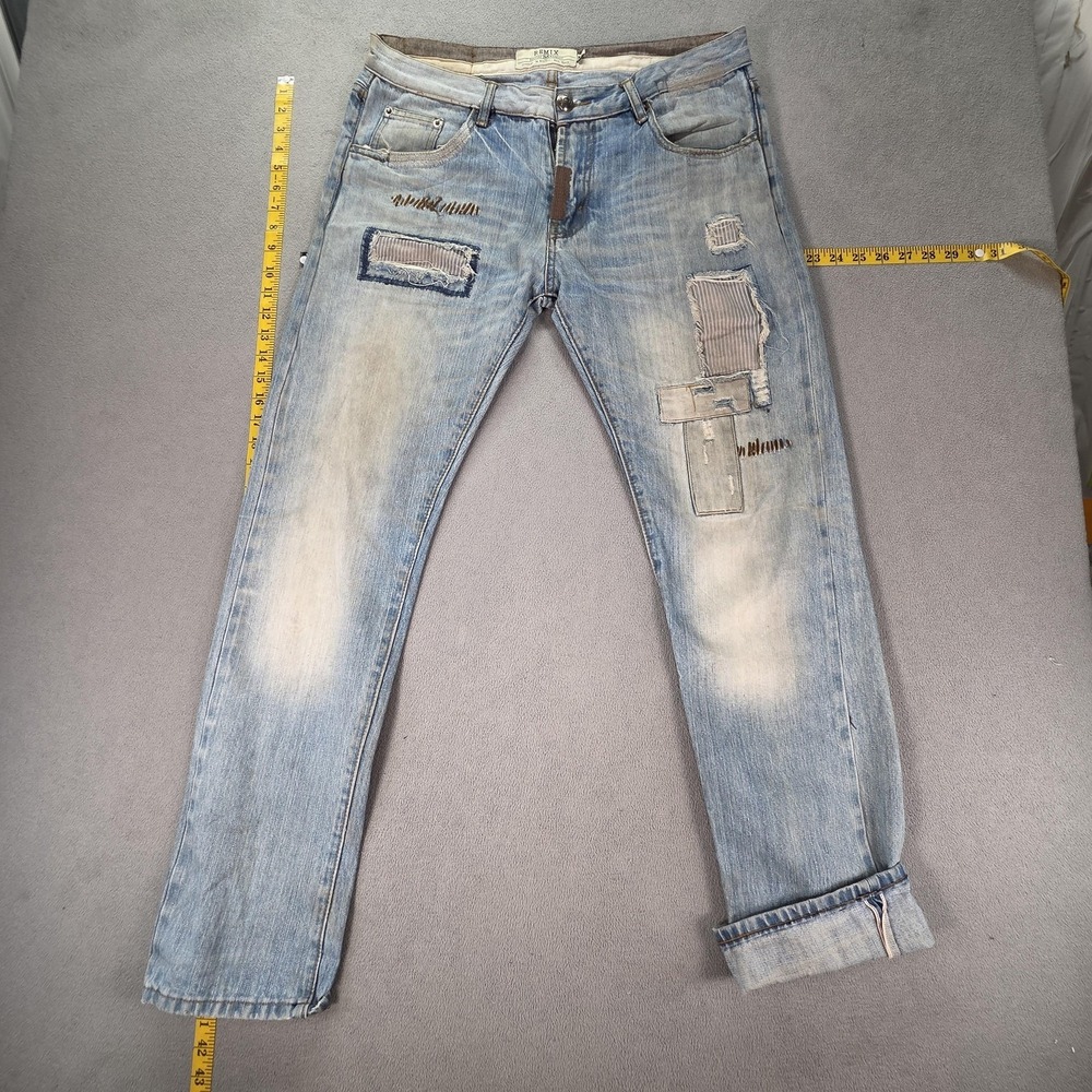 REMIX Jeans Mens 34x30 Blue‎ Selvedge Slim Straight Distressed Patchwork